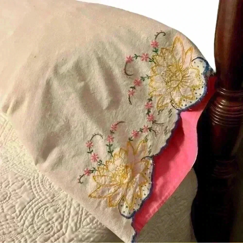 Set of 2 vintage handmade embroidered flour sack pillowcases lotus flower